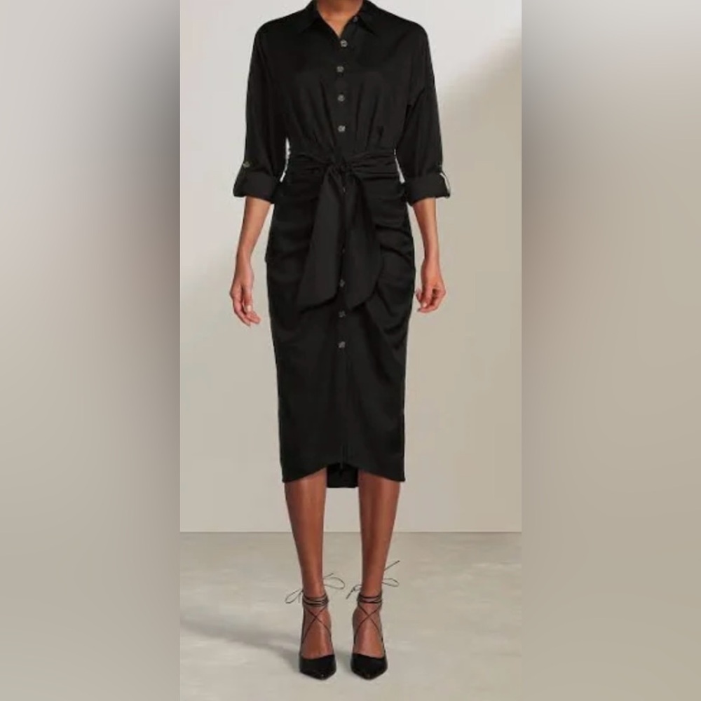 Antonio Melanie ruched tie waist button front shirt dress.Navy blue
